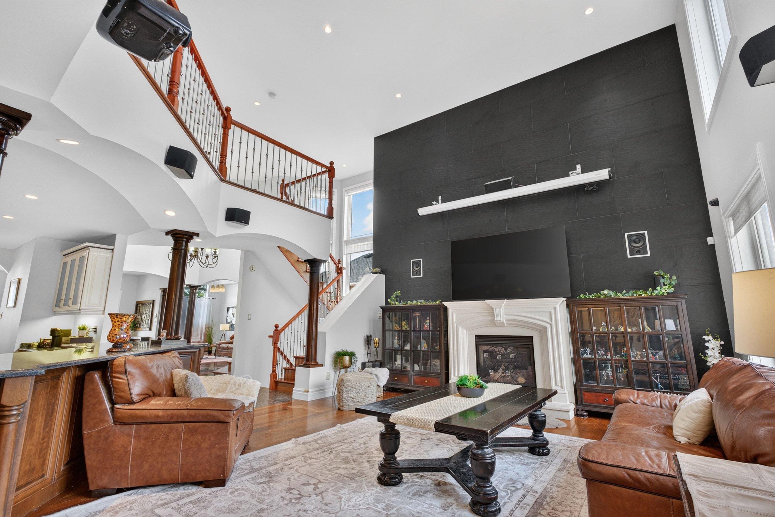 Slate fireplace wall in the family room