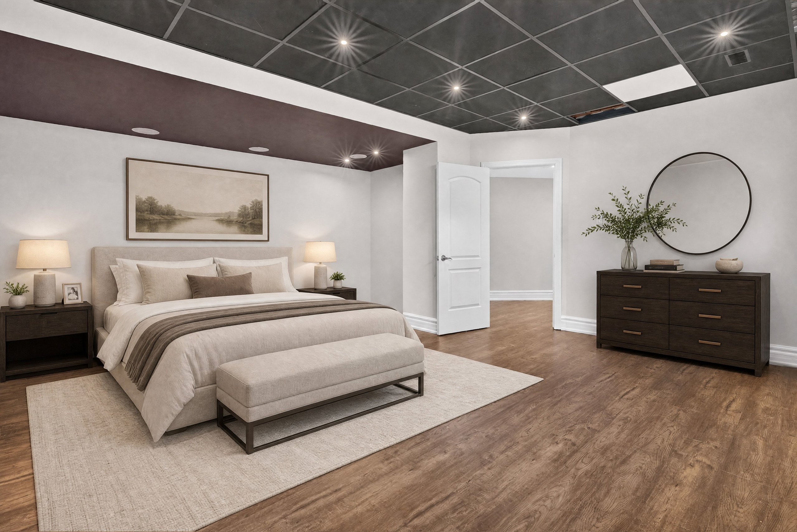 Lower level bedroom, virtually staged