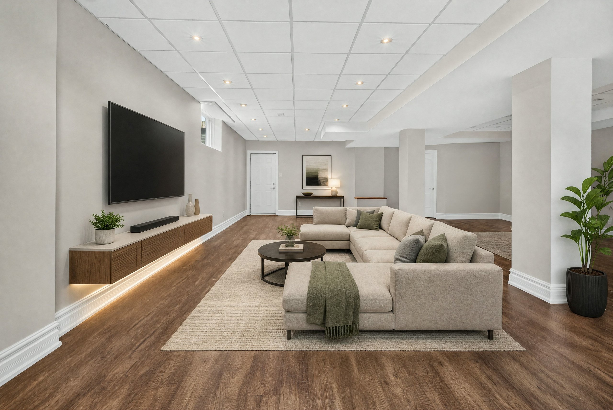 Lower level lounge, virtually staged